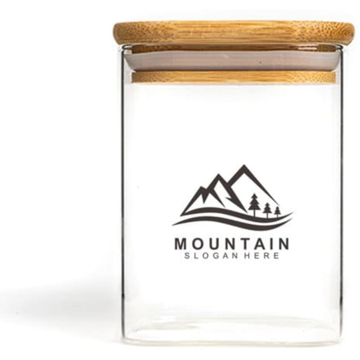 A glass storage tank with a bamboo lid, featuring a logo and black mountain design.