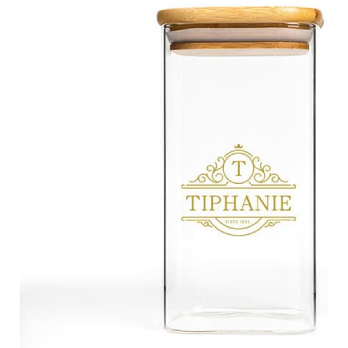 A clear high borosilicate glass storage tank with a wooden lid and decorative logo design.