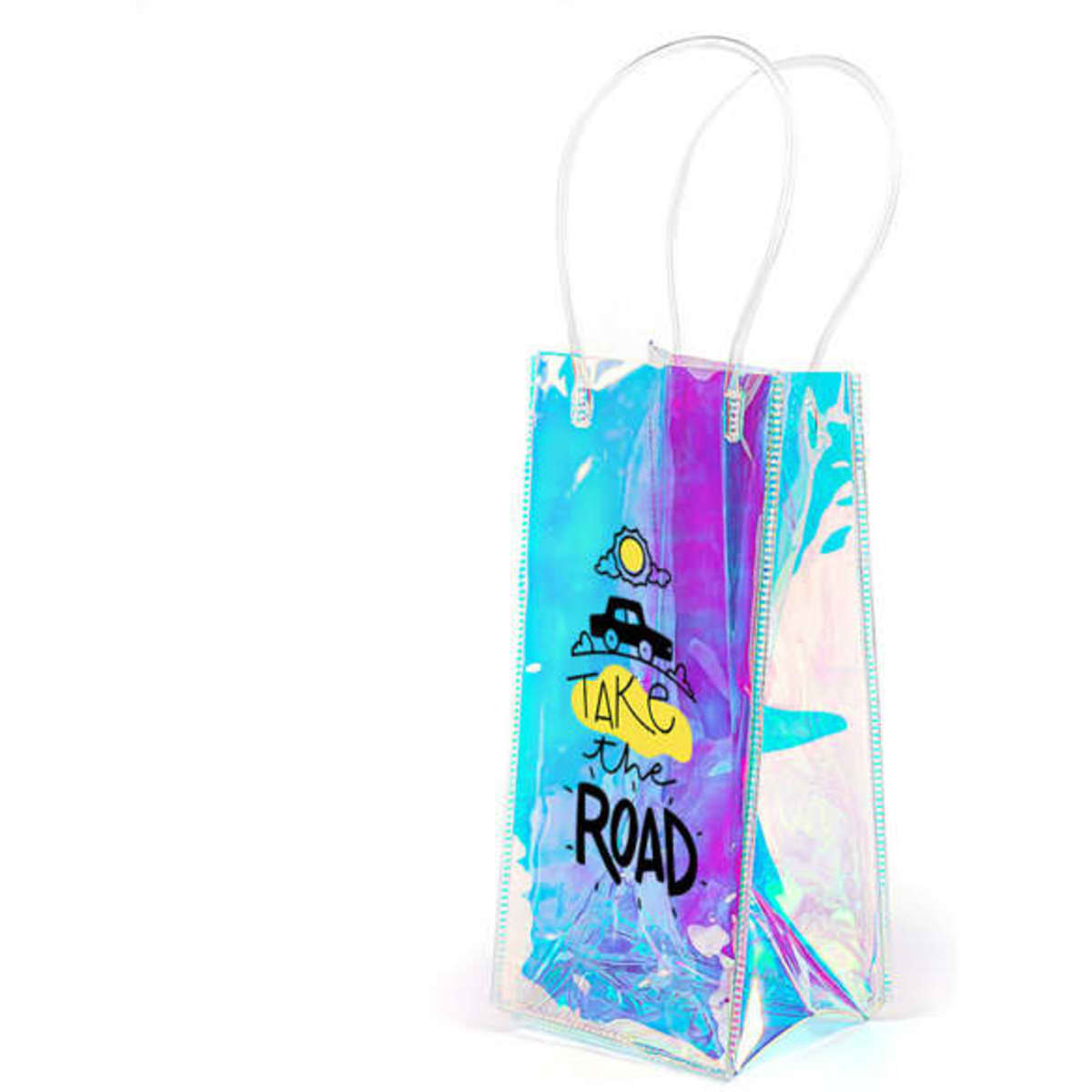 A drink bottle cooler bag with an iridescent finish and white handles, featuring a graphic design and a logo.