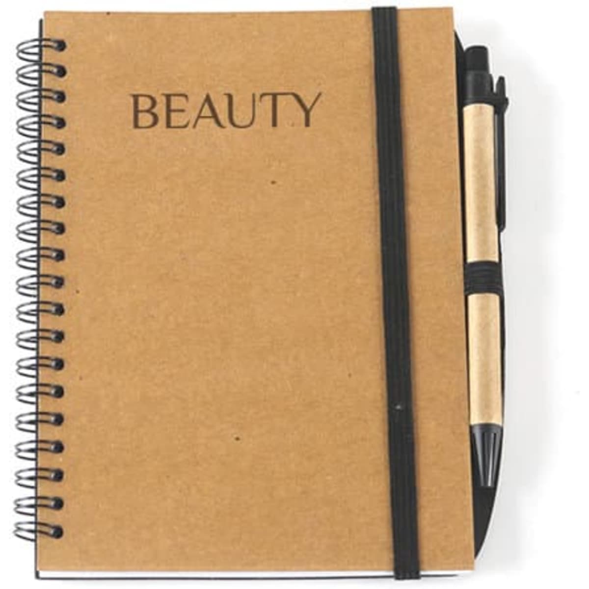 A brown coil notebook with a black elastic band and a pen attached, featuring the word "BEAUTY" on the cover.