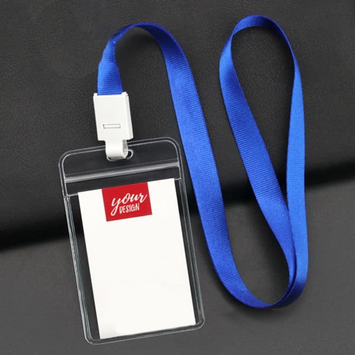 A clear plastic card holder with a blue lanyard, featuring a blank insert for custom designs.