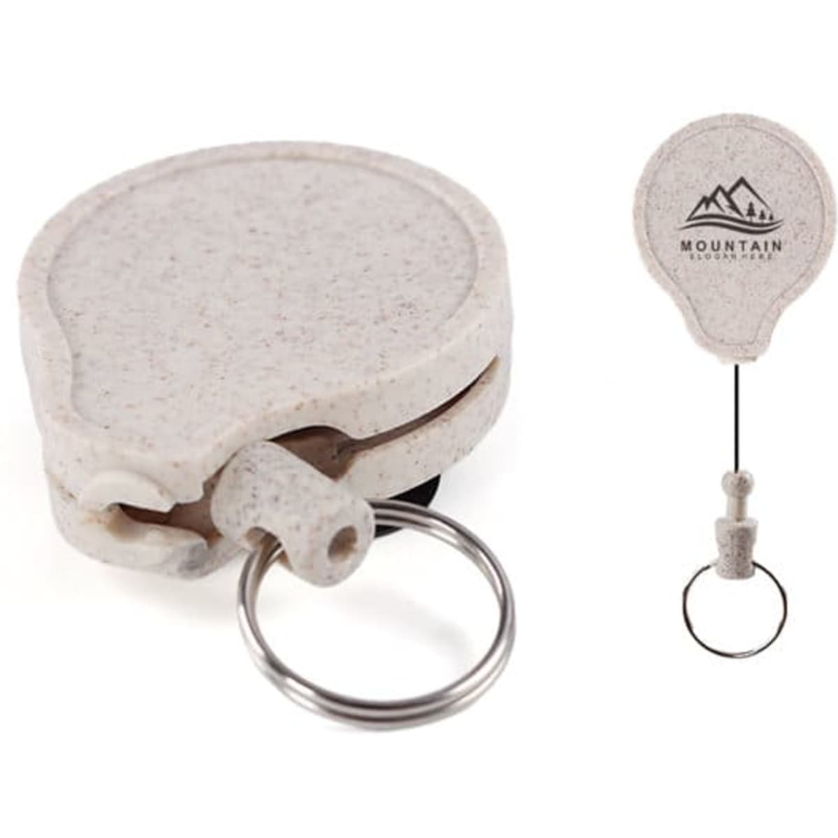 A beige elastic telescopic key ring with a metal keyring attachment and a logo.