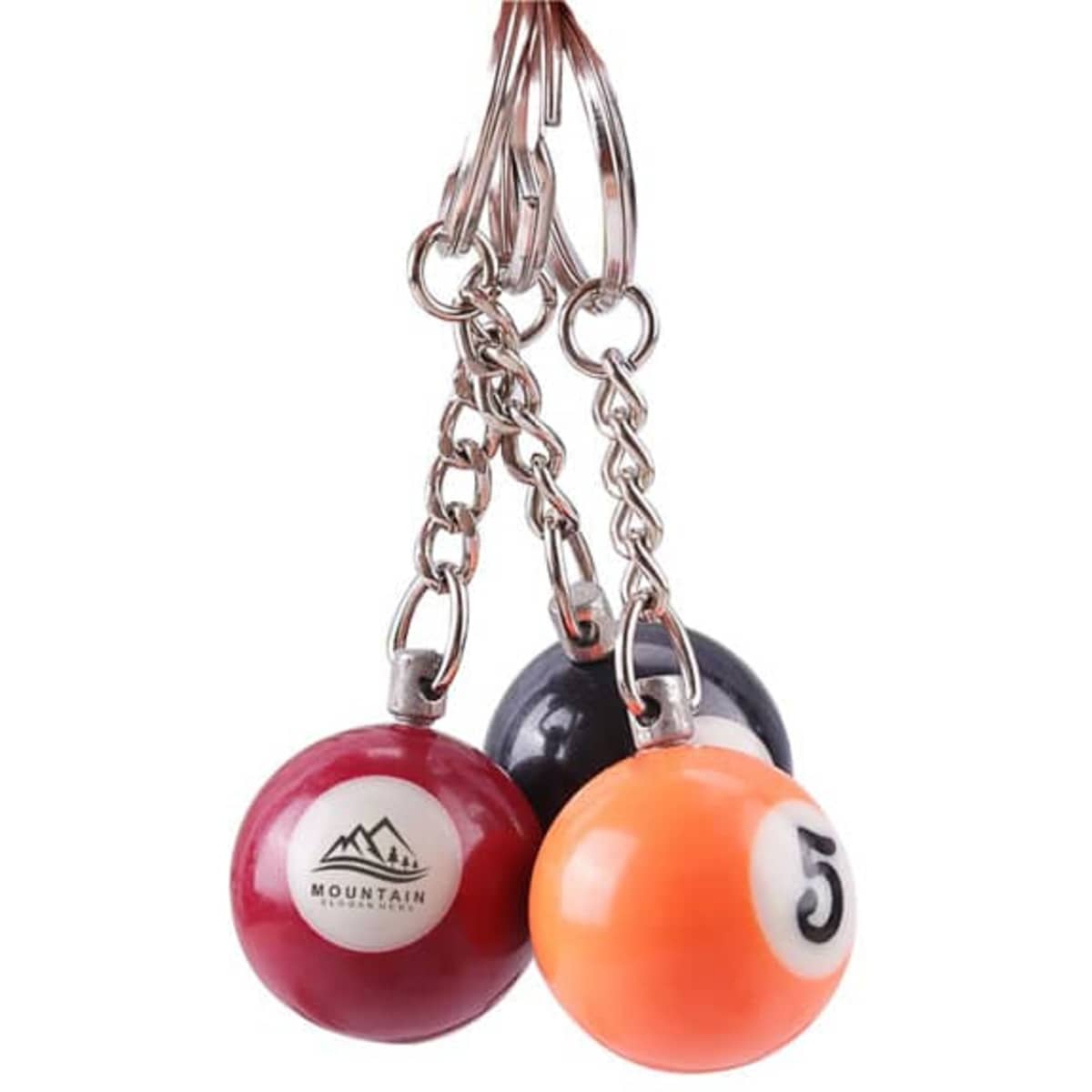 A keychain featuring three billiard balls in red, orange, and black, with a logo on one ball and metal chains.