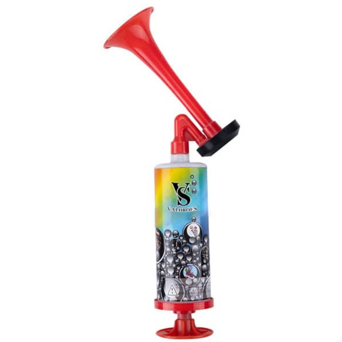 A large handheld air horn pump in red and multi-colour with a black base, featuring a logo on the side.
