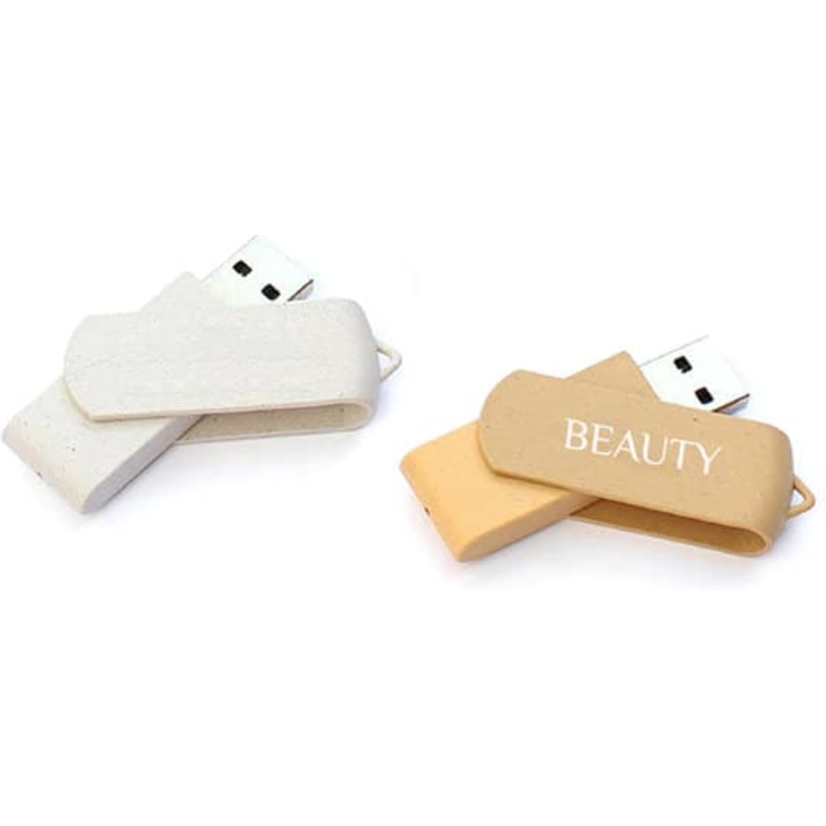 A 32GB wheat straw USB flash drive in beige and cream colours, featuring a small logo on one side.