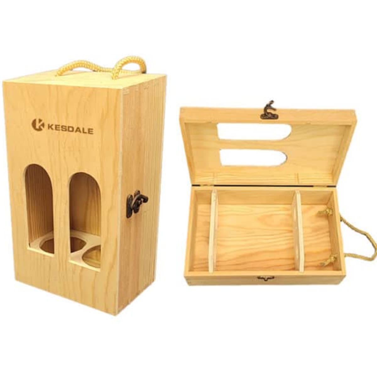 A wooden double wine bottle gift box in a light finish, featuring a handle and interior compartments.
