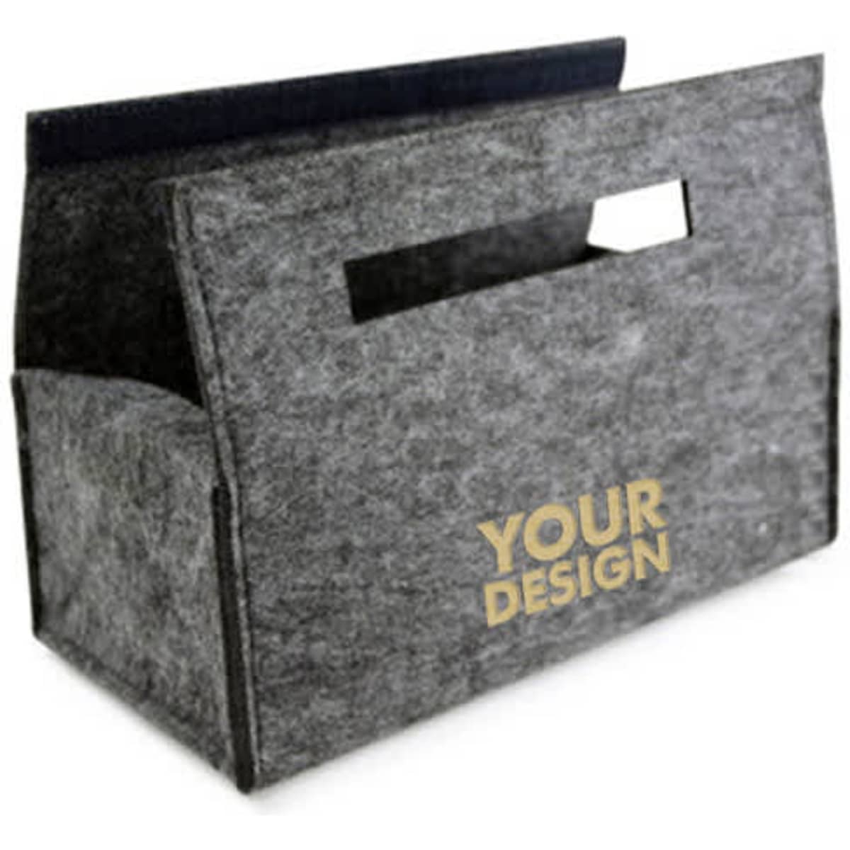 A grey felt storage box with handles, featuring an area for custom designs. It has a sleek, minimalist design.