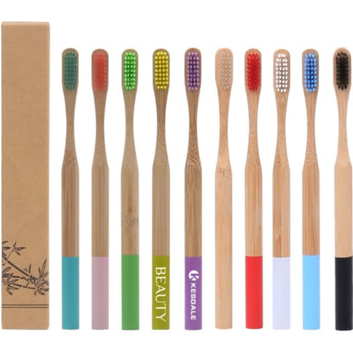 A set of eco-friendly bamboo toothbrushes in various colours, displayed alongside a cardboard box with a logo.