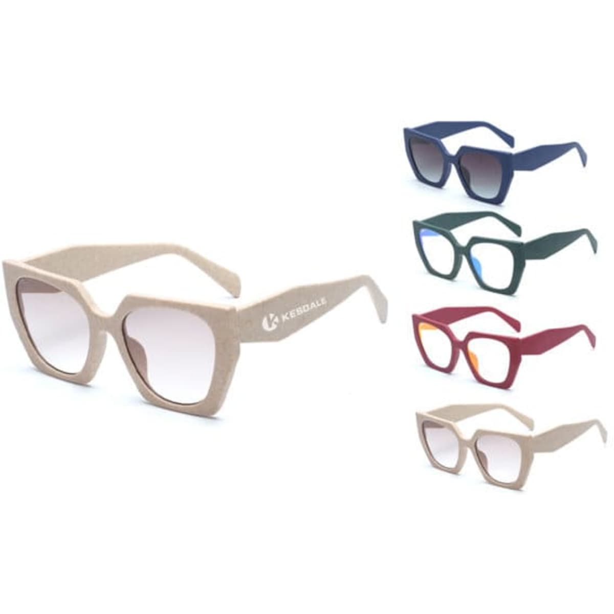 Biodegradable wheat straw sunglasses in cream, with additional frames in navy, green, red, and maroon. Features a logo.