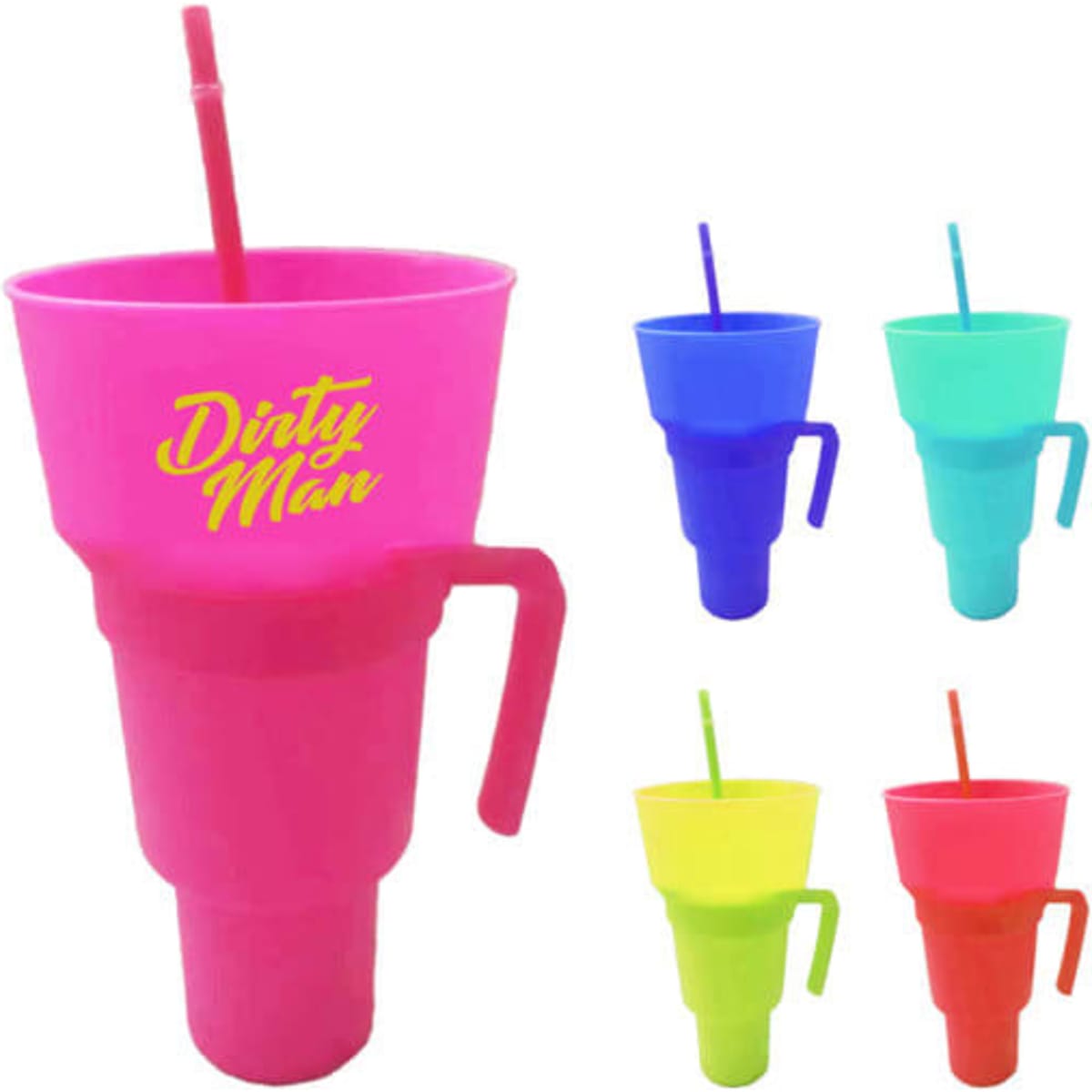 A pink plastic tumbler with a snack bowl and straw, featuring a handle, alongside tumblers in blue, green, and yellow.