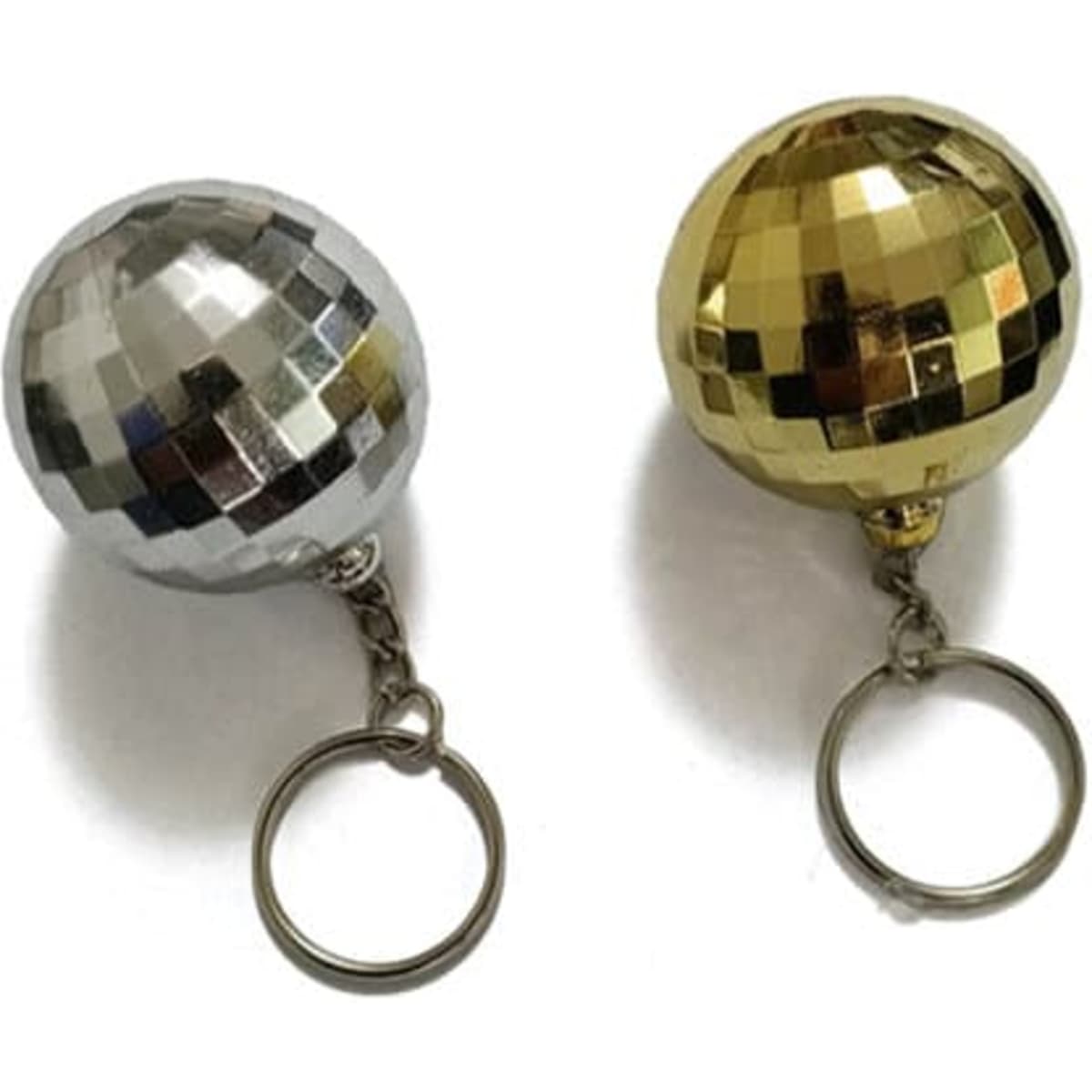 A disco ball keychain featuring silver and gold mirrored finishes attached to keyrings.