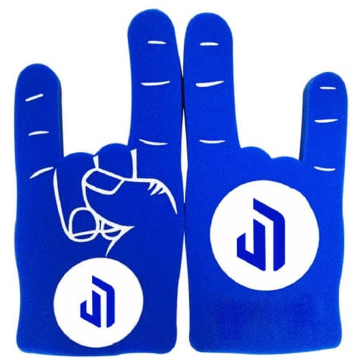 A pair of blue foam fingers with a hand gesture and a logo in the centre of each finger.