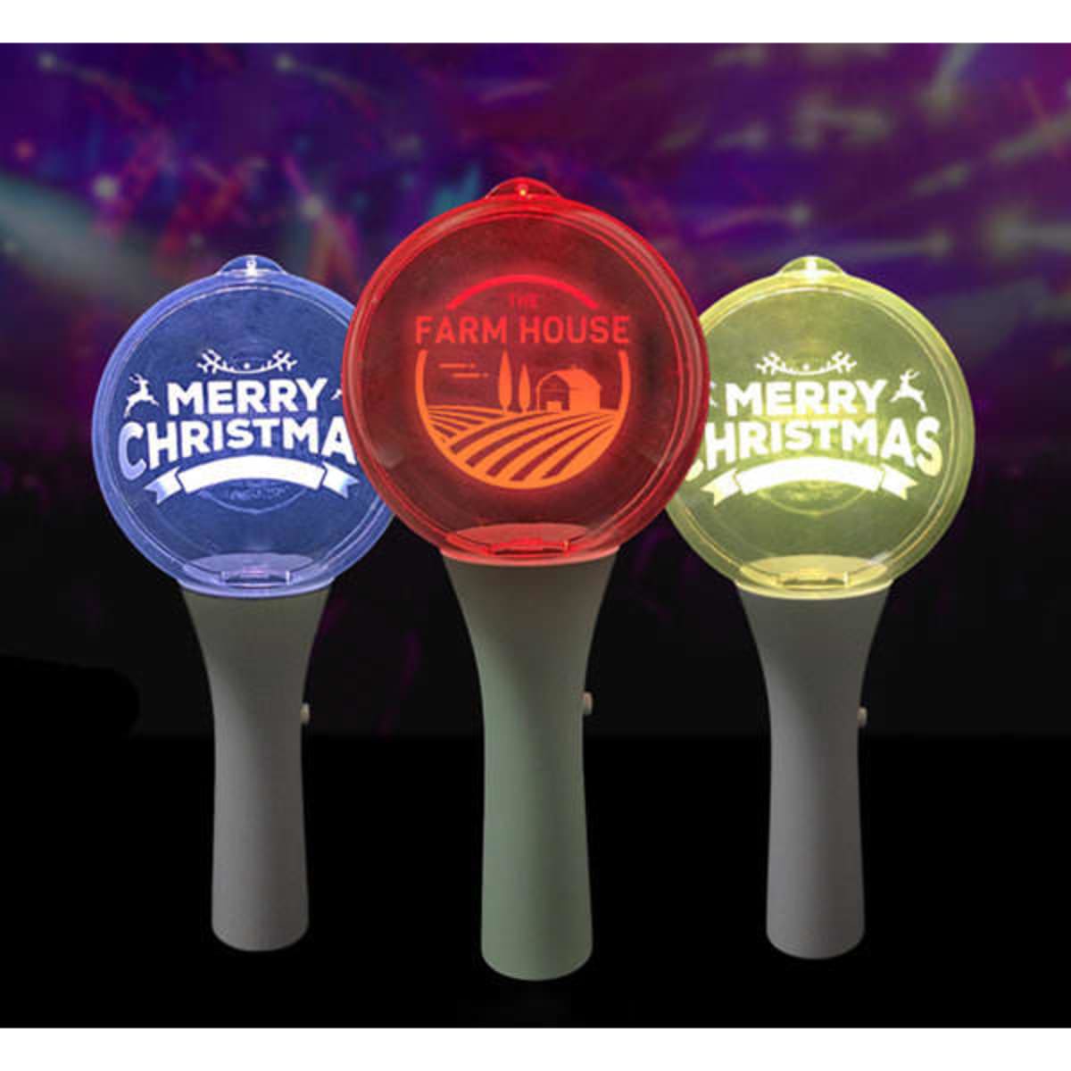 A trio of LED acrylic flashing sticks in blue, red, and yellow, featuring various illuminated designs and logos.