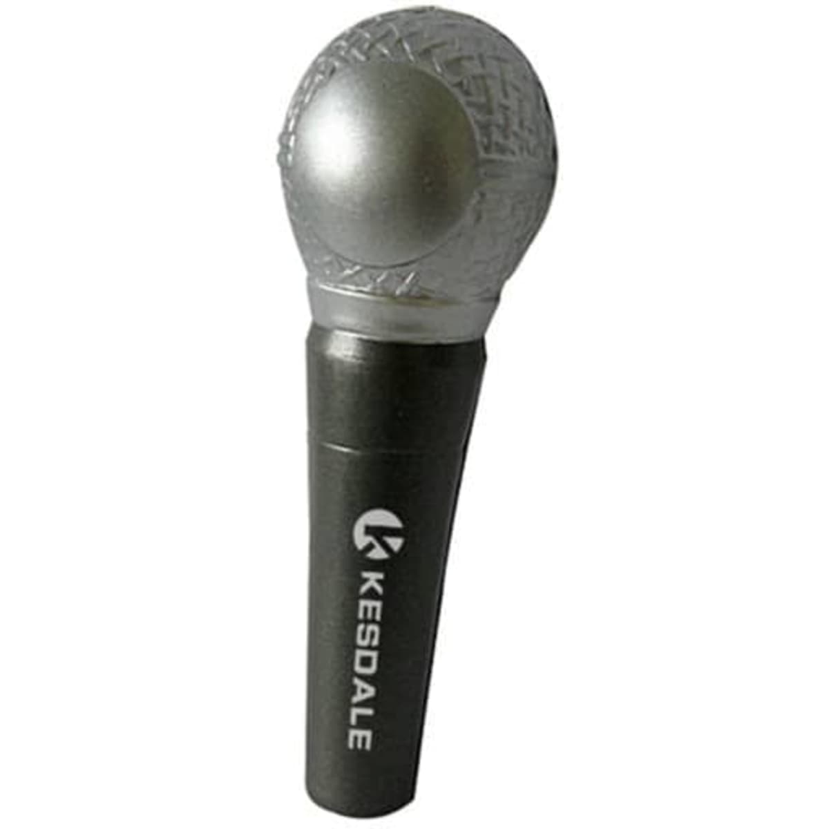 A grey microphone stress ball with a textured silver top and a branding logo on the handle.