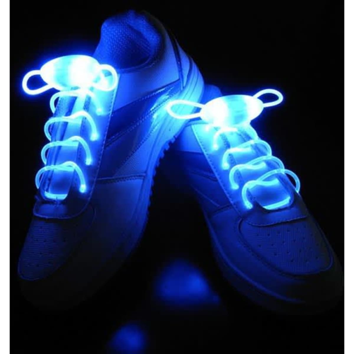 LED light shoelaces in bright blue, showcased on white sneakers against a dark background, with a logo visible.