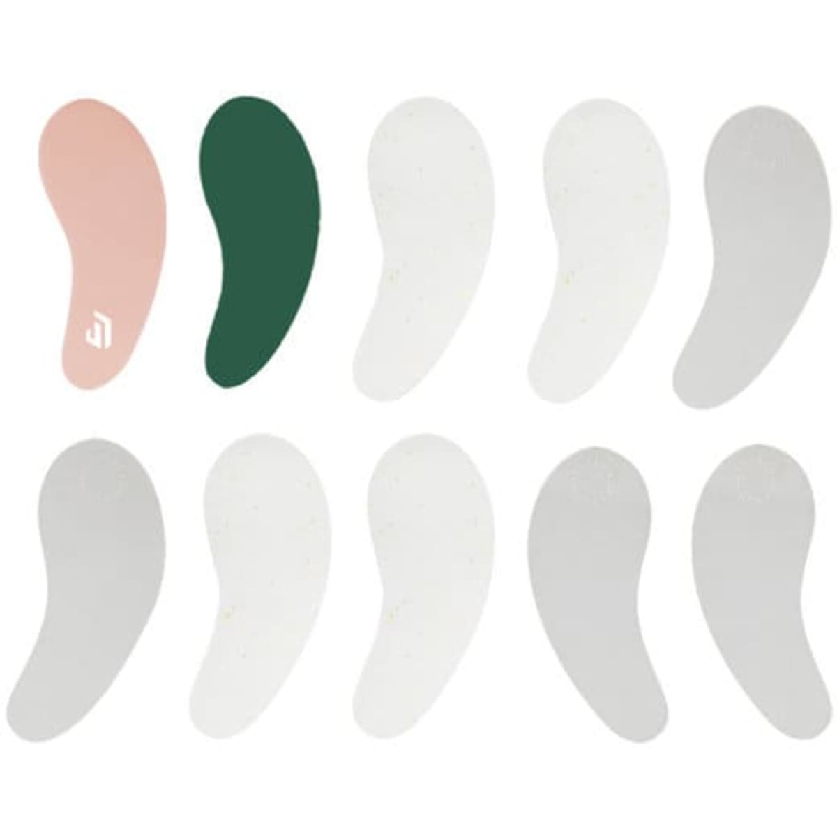 A set of reusable silicone eye patches in pink, green, and white shades arranged in two rows.
