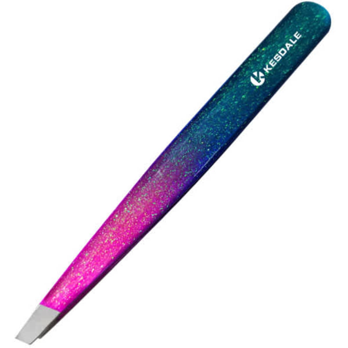A stainless steel slant eyebrow tweezer with a gradient design in blue and pink, featuring a logo.