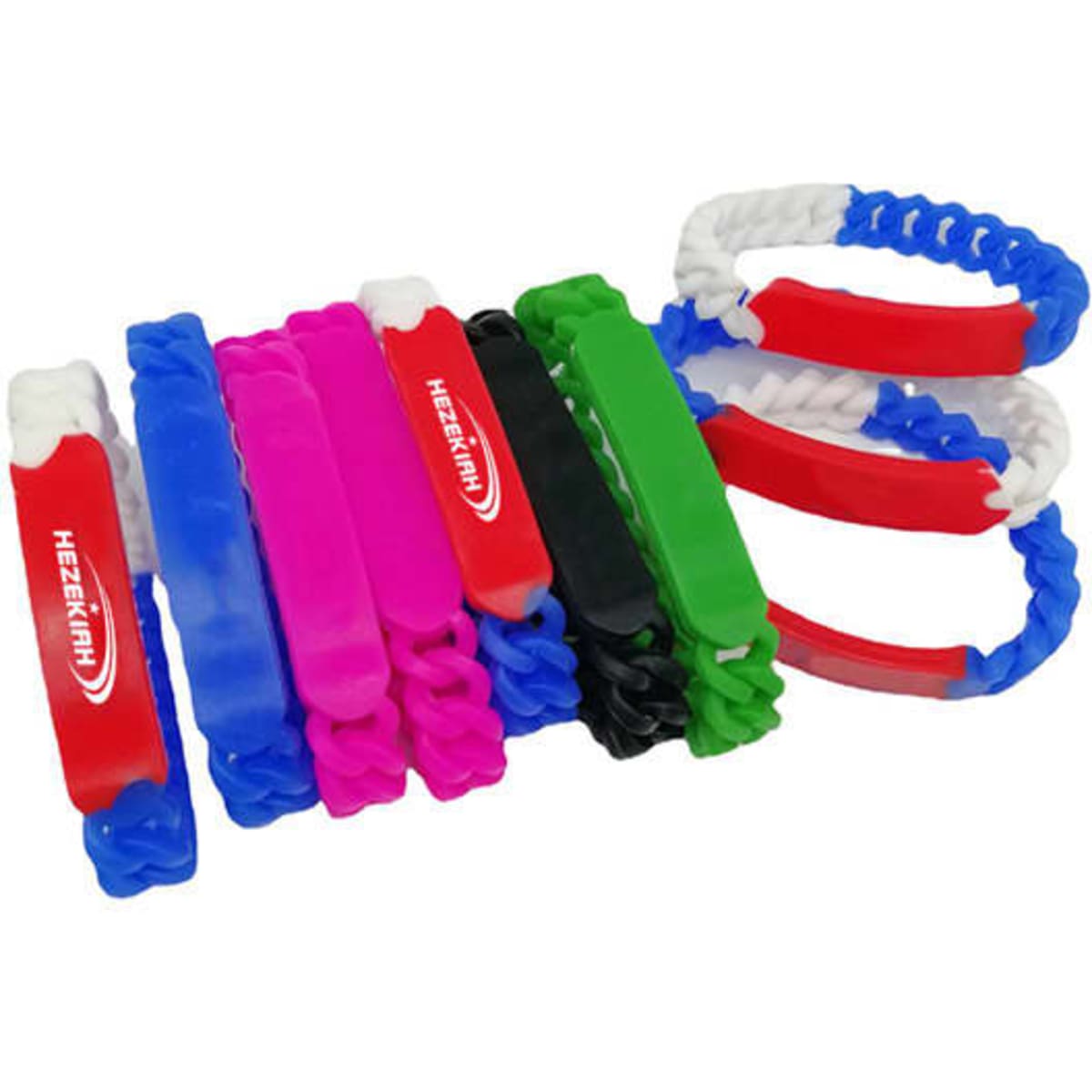 Several custom silicone twist bracelets in various colours, including pink, blue, green, black, and red, arranged together.