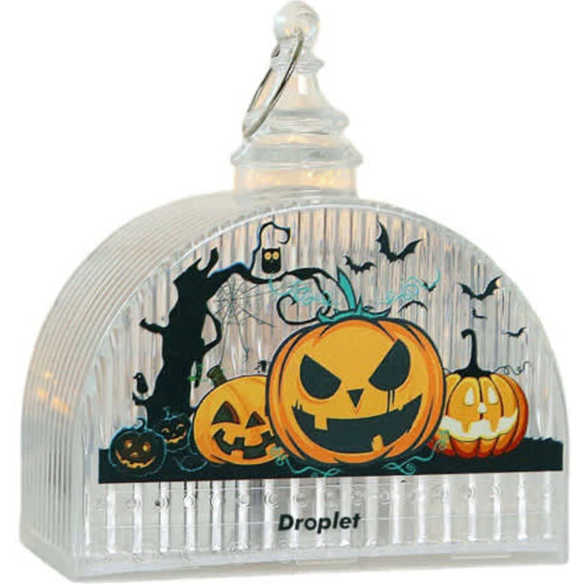 A handheld pumpkin light lamp featuring orange pumpkins, bats, and a spooky tree design, with a clear, ribbed exterior.