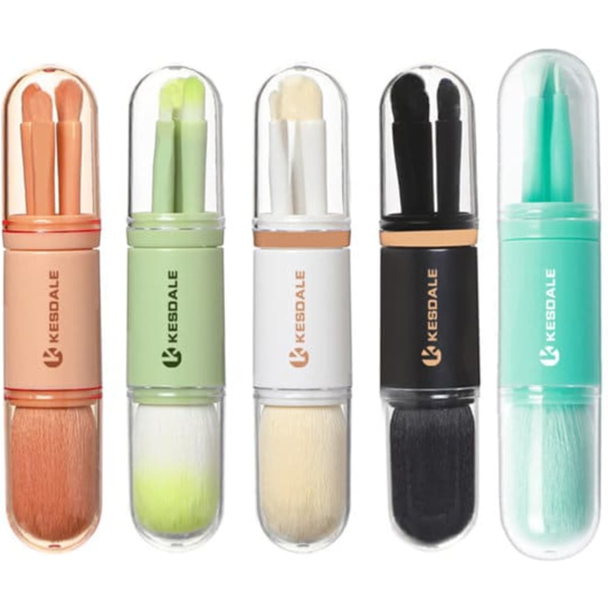 A 4-in-1 retractable makeup brush set featuring various brush heads in pastel colours, housed in clear cases with branding.