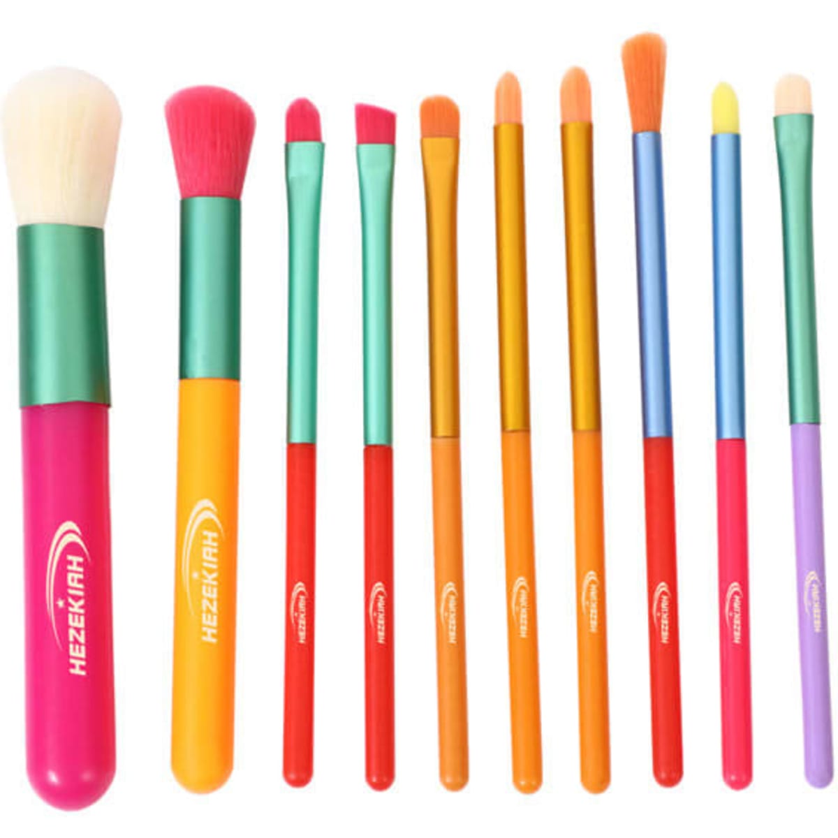 A set of ten colourful makeup brushes in various shades, featuring vibrant handles and a logo.