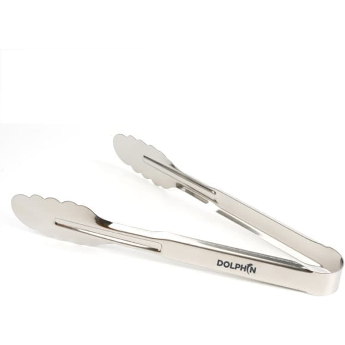 Stainless steel grill tongs with a logo, featuring a shiny silver finish and scalloped gripping edges.