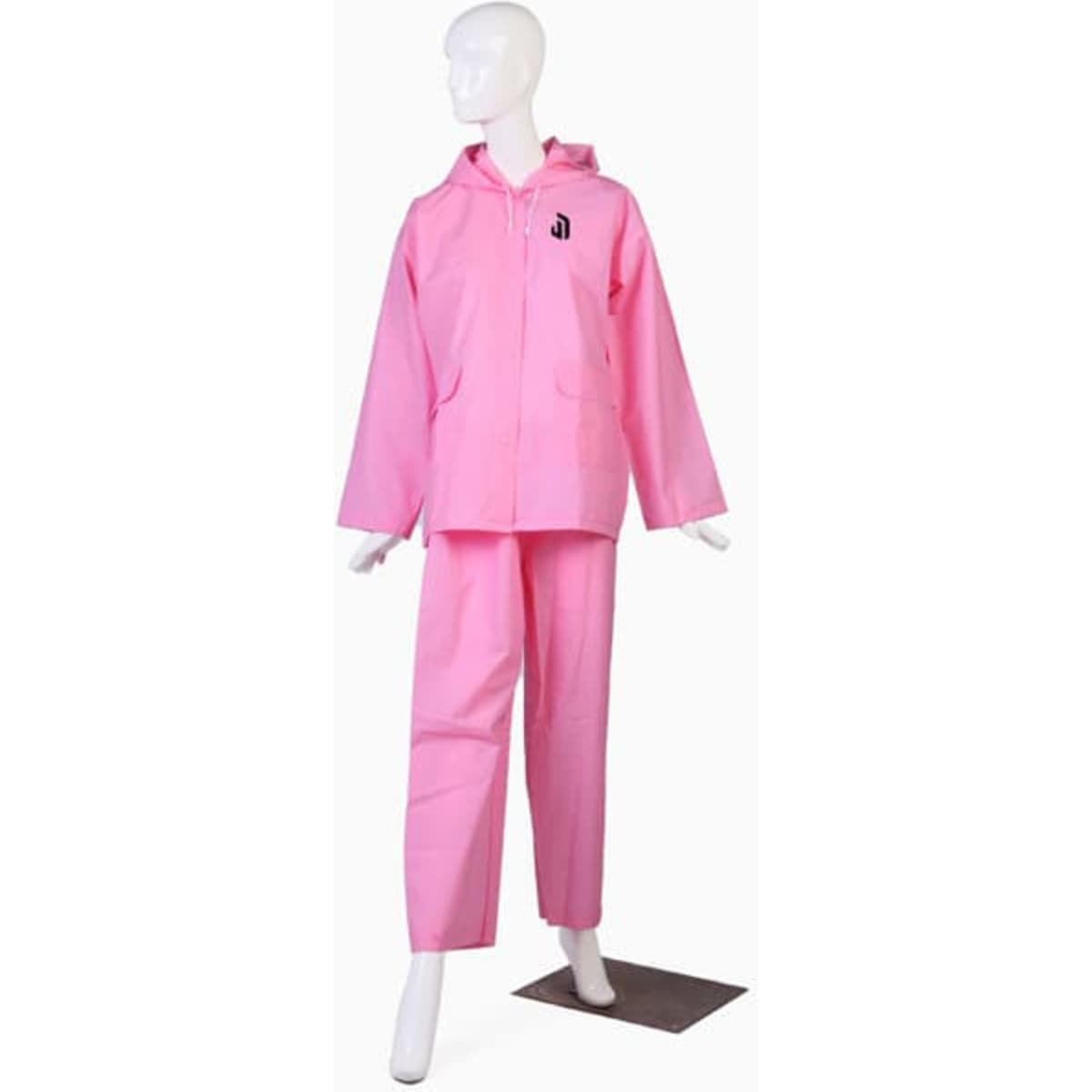 A pink rain coat and pant set displayed on a mannequin, featuring a logo on the coat.