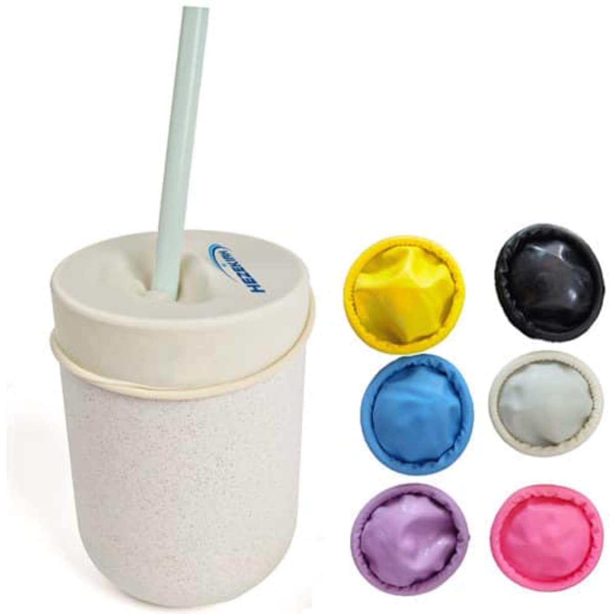 A drink bottle with a natural latex stretch cup lid. Available in various colours, featuring a logo.