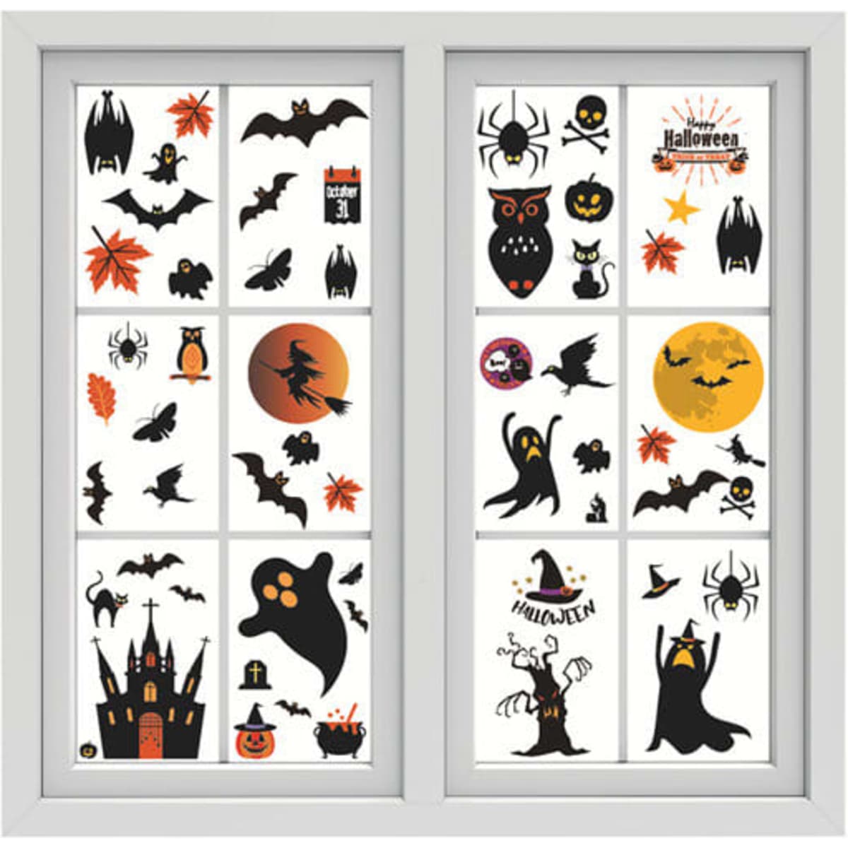 Six sheets of PVC Halloween stickers featuring black bats, ghosts, pumpkins, and various spooky designs on a white background.
