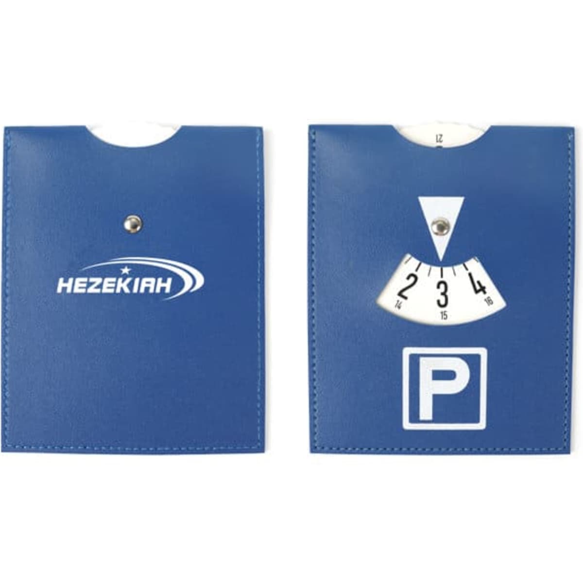 A blue PU leather parking disc with a logo and a circular dial indicating parking times.