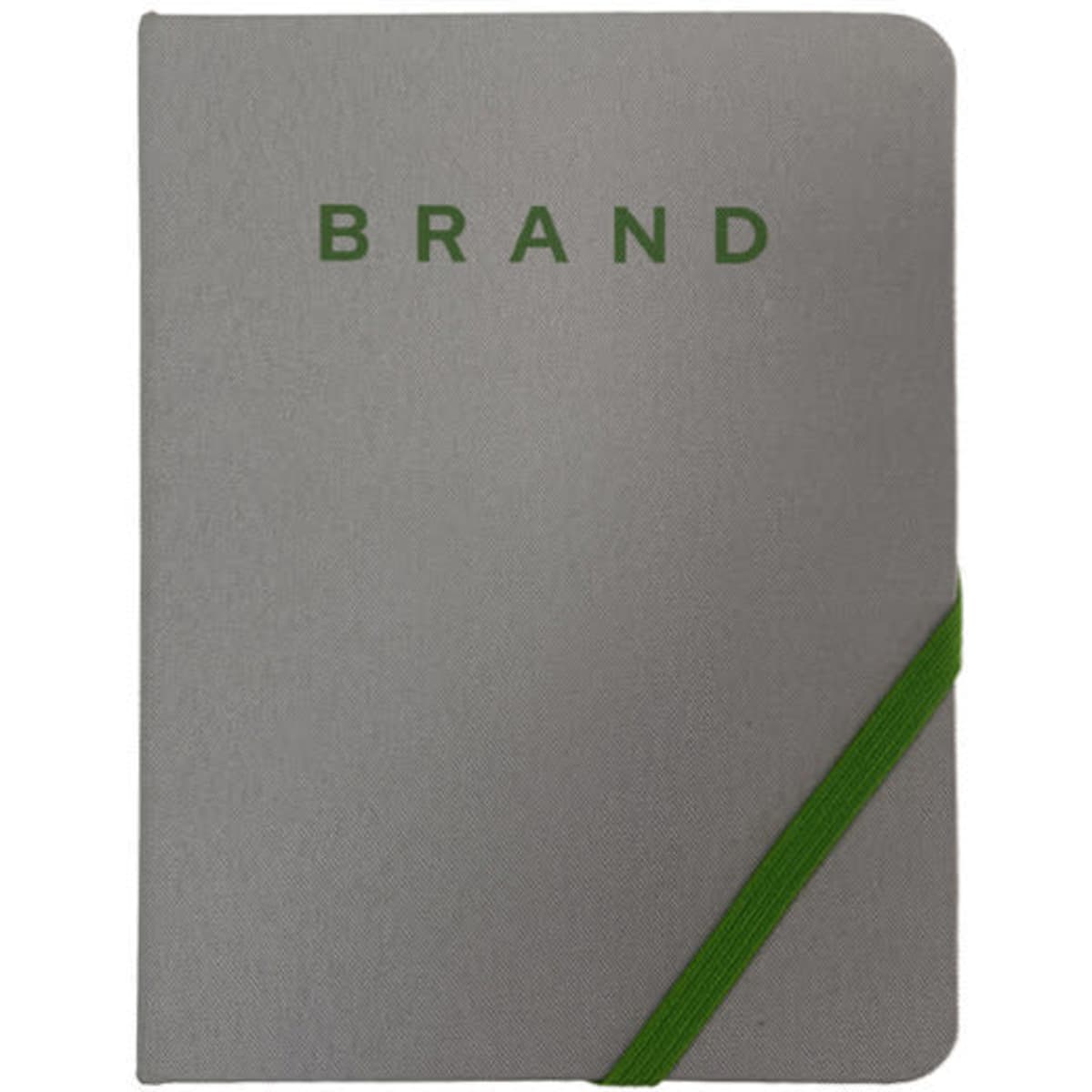A grey A5 notebook featuring a green strap and a logo on the cover.