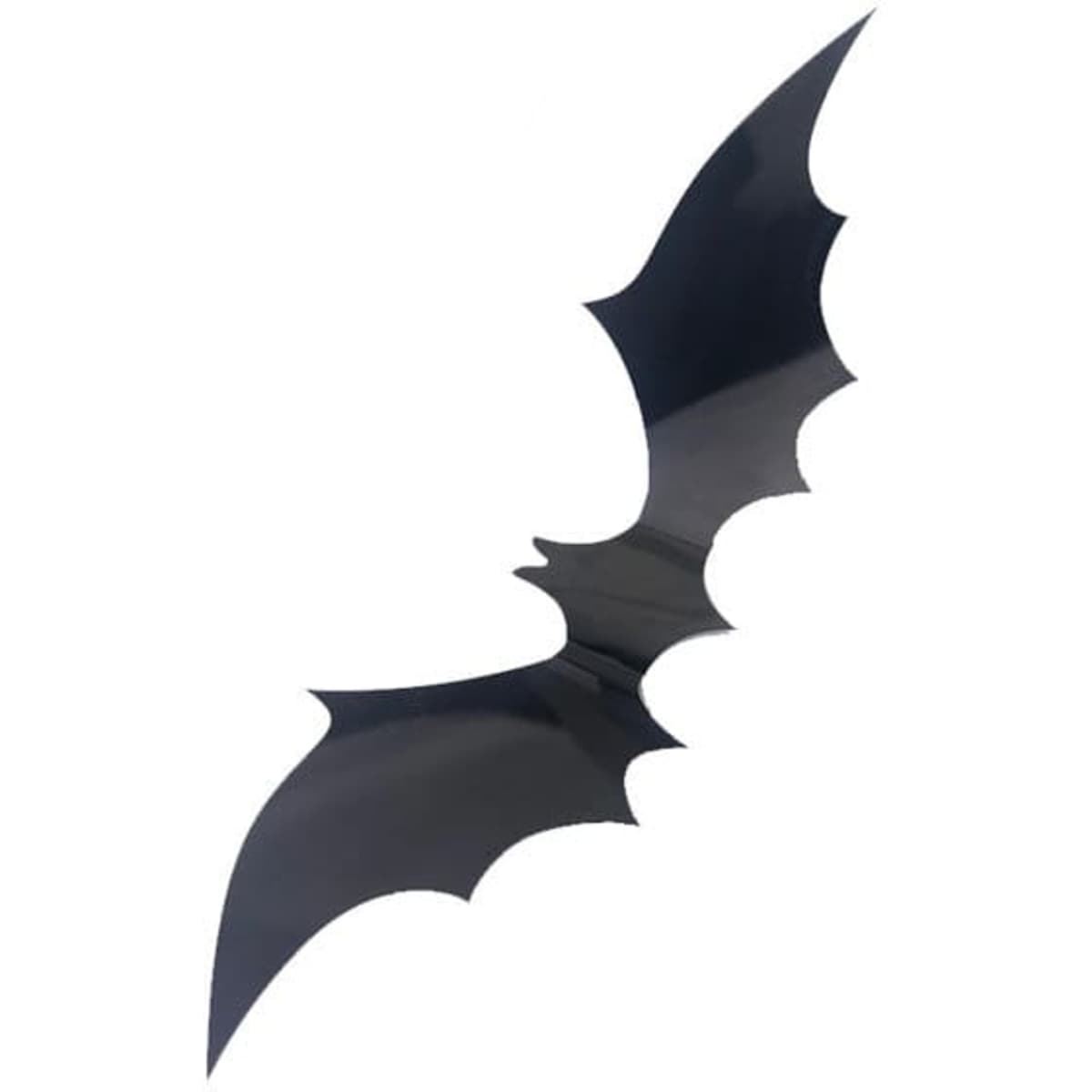 Black 3D bat decoration with pointed wings, suitable for Halloween-themed décor. Features a glossy finish.