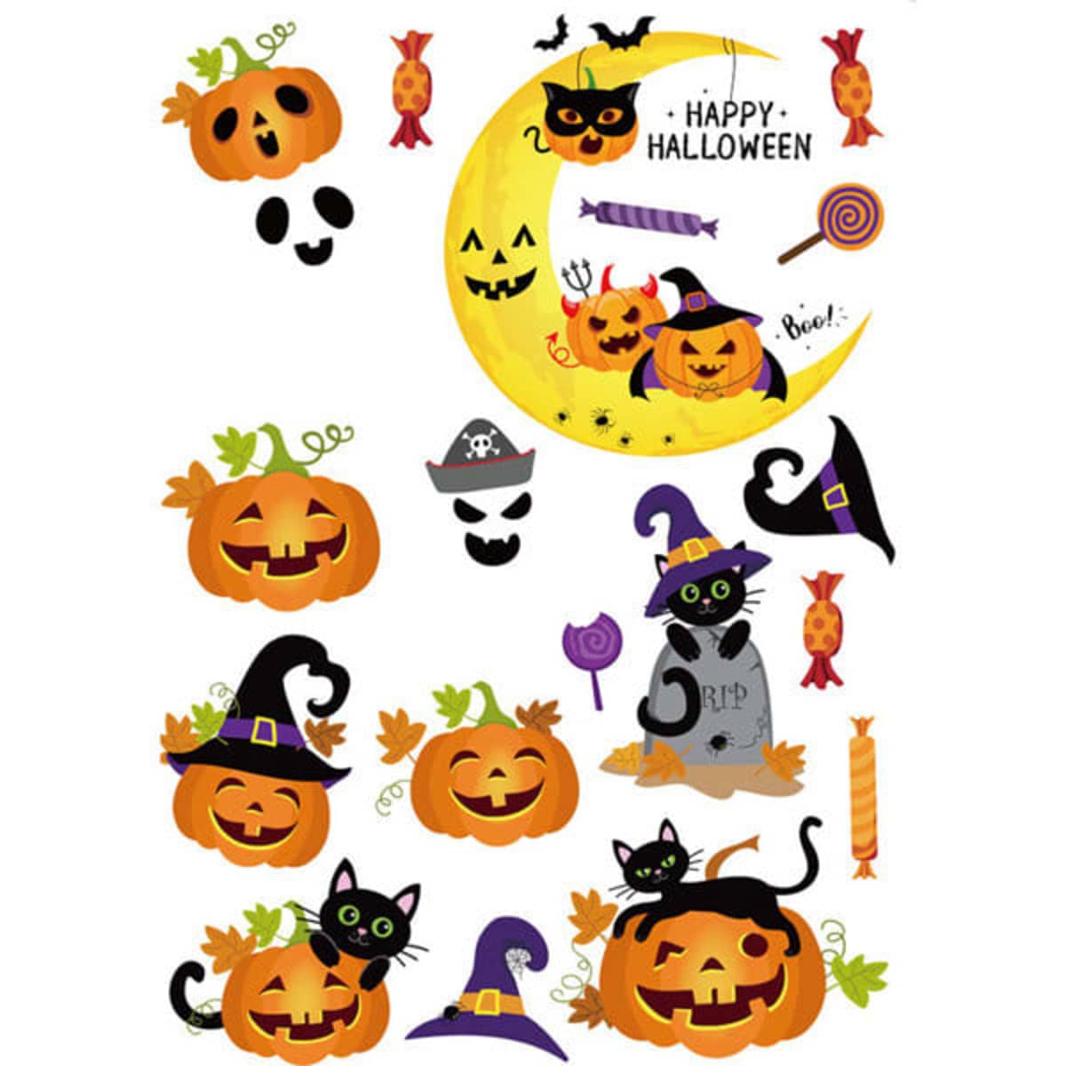 A Halloween window clings set featuring black cats, pumpkins, a moon, and spooky symbols in vibrant colours.