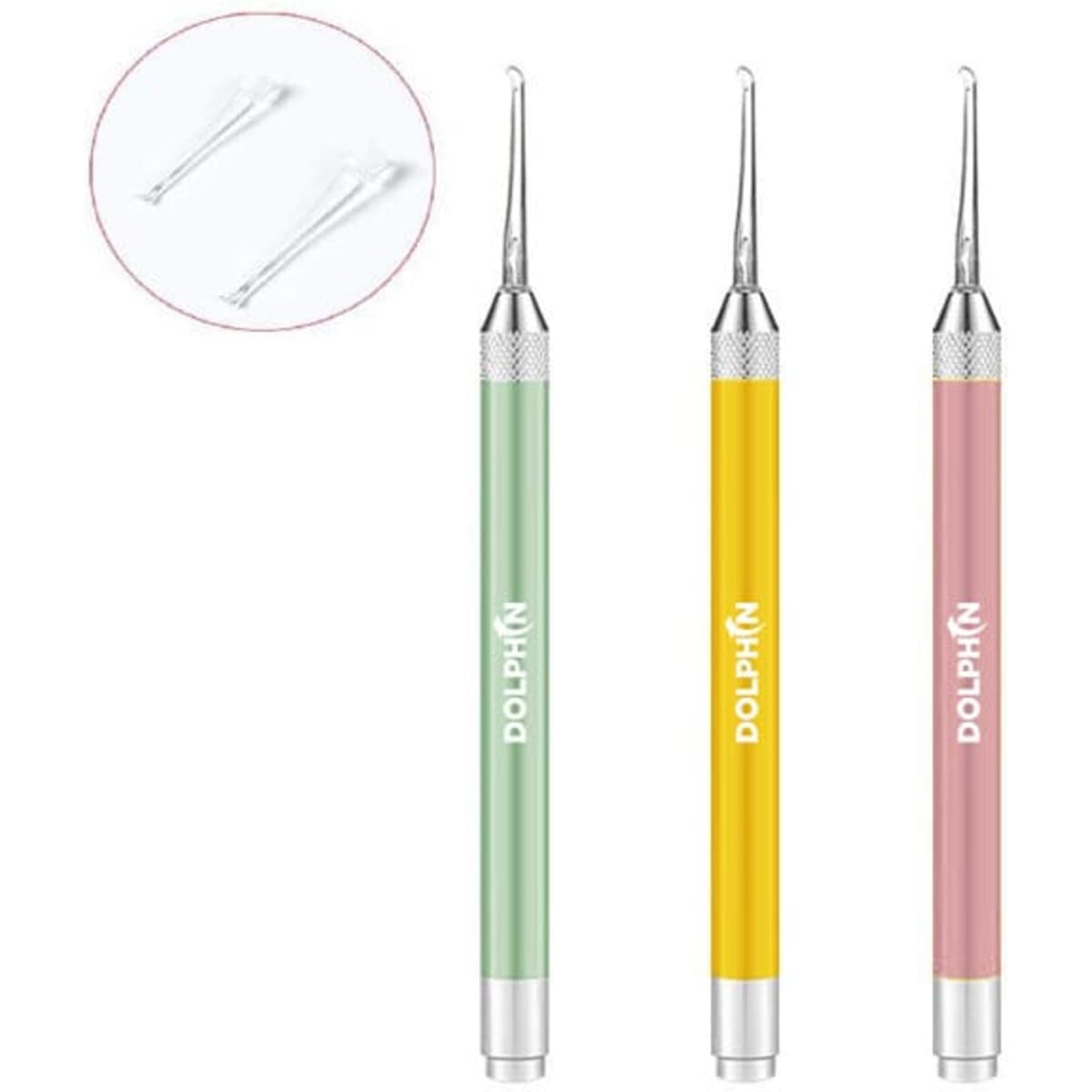 Three ear cleaners with light in pastel green, yellow, and pink, featuring interchangeable tips. Includes a logo.