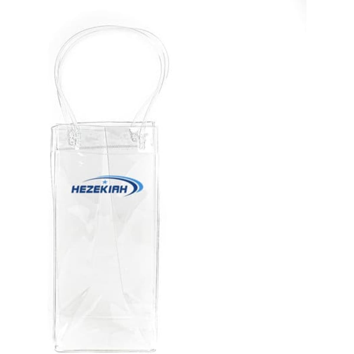 A clear PVC portable wine ice bag with a handle and a logo. Ideal for carrying bottles.