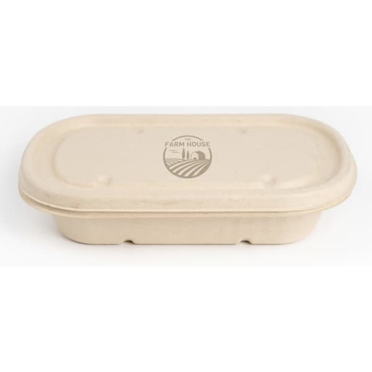 An oval, biodegradable food bowl with a lid in a light beige colour, featuring a logo on the top.