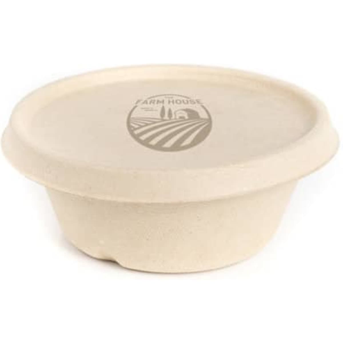 A round biodegradable food bowl in a natural colour with a matching lid and a logo imprinted on the surface.