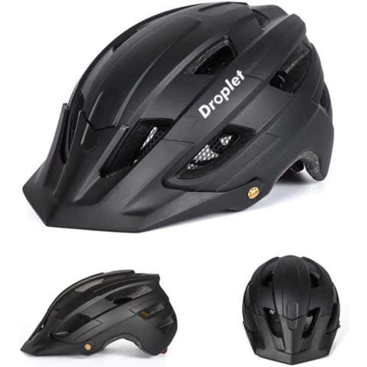 A black bike helmet with ventilation slots and a tail light attachment, featuring a logo on the side.