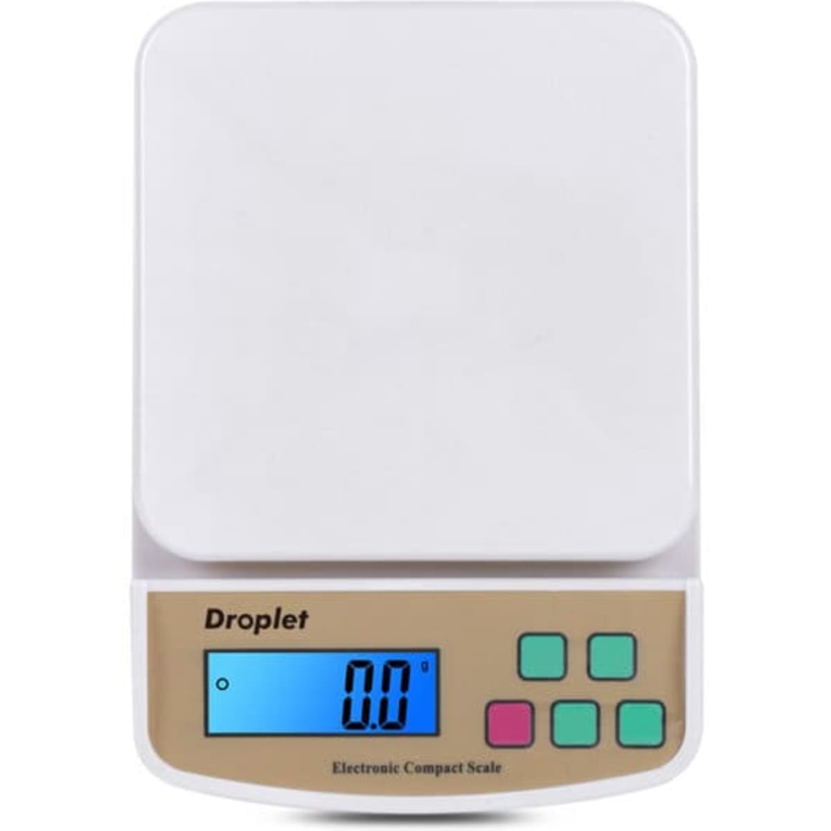 A compact electronic kitchen scale in white and gold, featuring a digital display and control buttons.