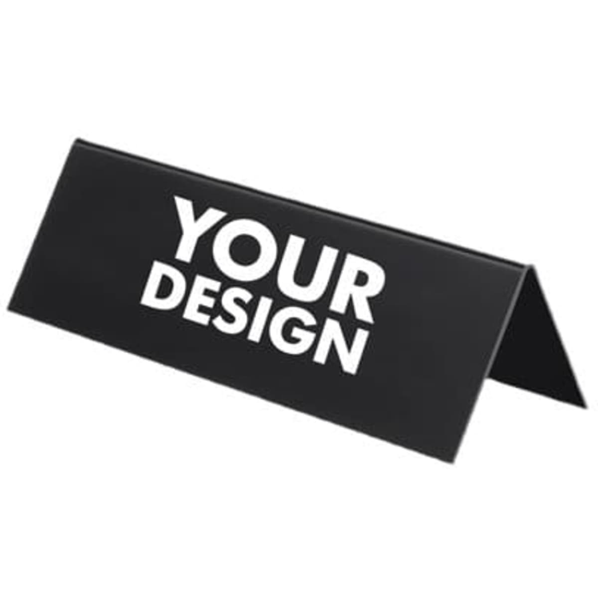 A black acrylic table sign with a triangular shape and space for custom designs.