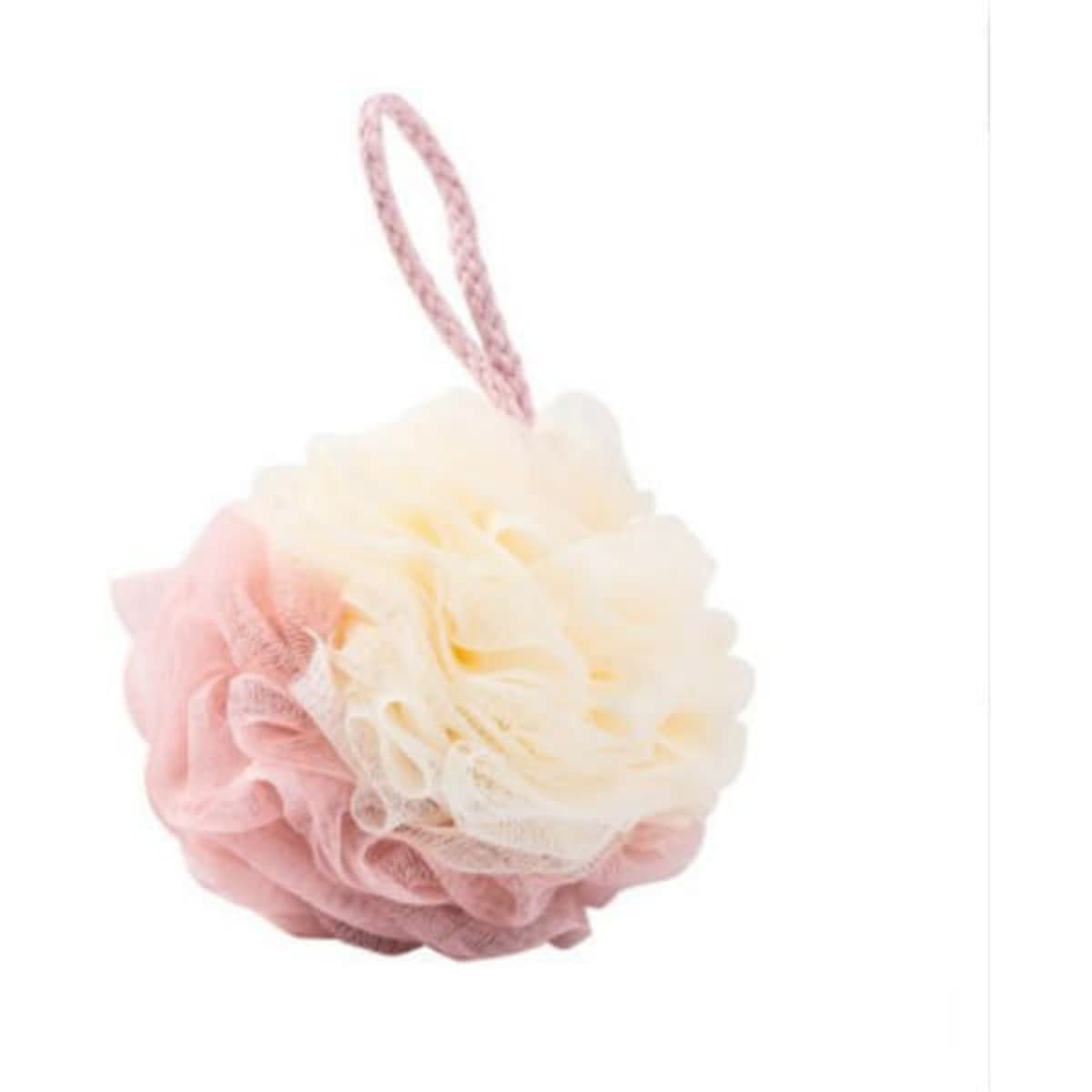 A double colour bath ball in pink and white with a hanging loop. The product features soft, layered textures.