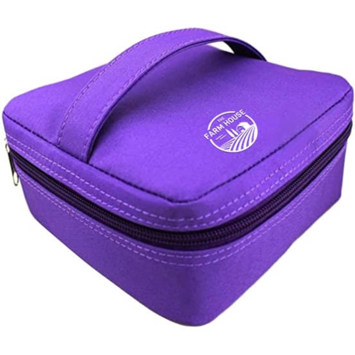 A purple portable case with a handle and zip closure, designed for carrying essential oil bottles.