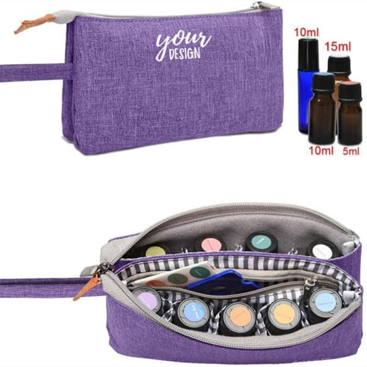 A purple toiletry bag with a zip, holding essential oils and a striped interior. It has a branding logo on the front.