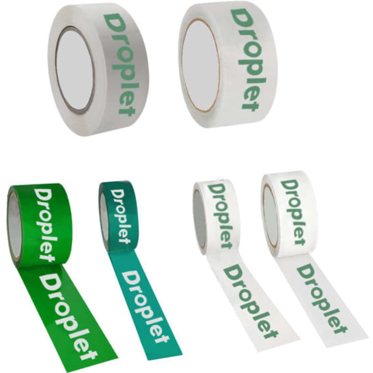 Custom transparent packing tape in white and green, featuring logos in various widths and designs.