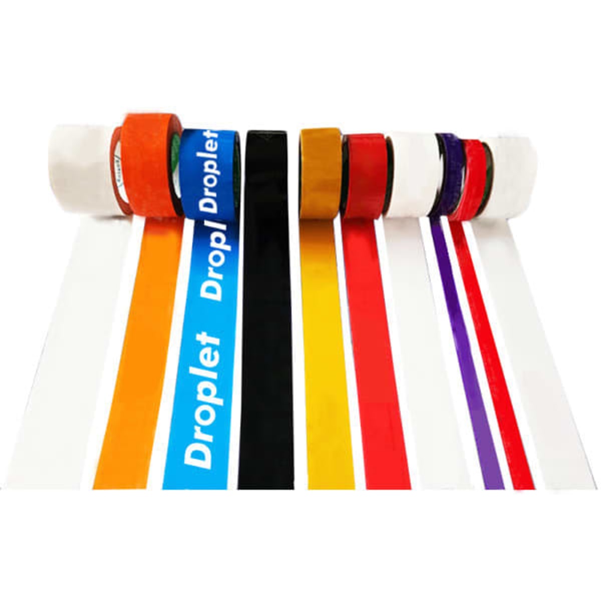 Various rolls of custom sealing tape in multiple colours, including orange, yellow, black, white, and purple, with branding.