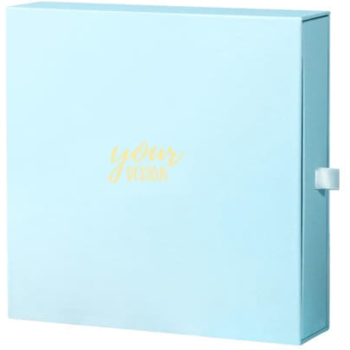 A light blue custom paper drawer box featuring a logo on the front and a ribbon closure.