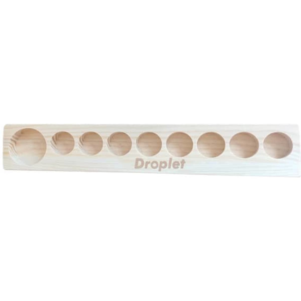 A wooden essential oil bottle holder featuring nine circular indentations, showcasing a natural light wood finish.