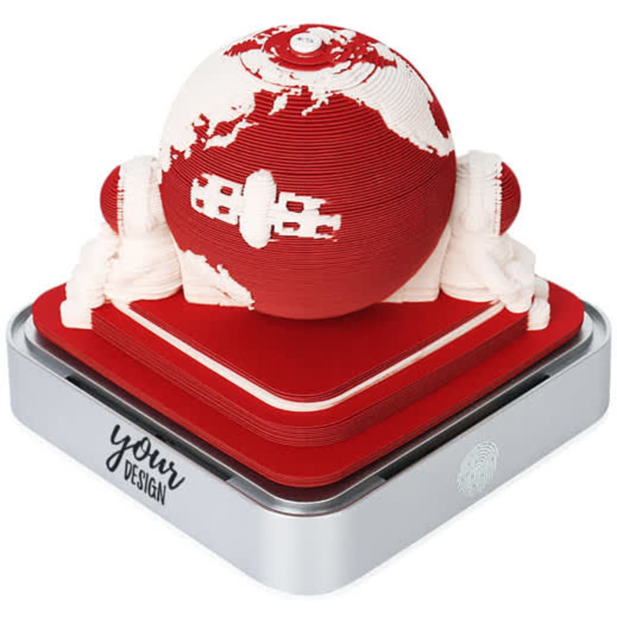 A 3D paper sculpture calendar features a red globe with white continents, resting on a silver base, displaying a logo.