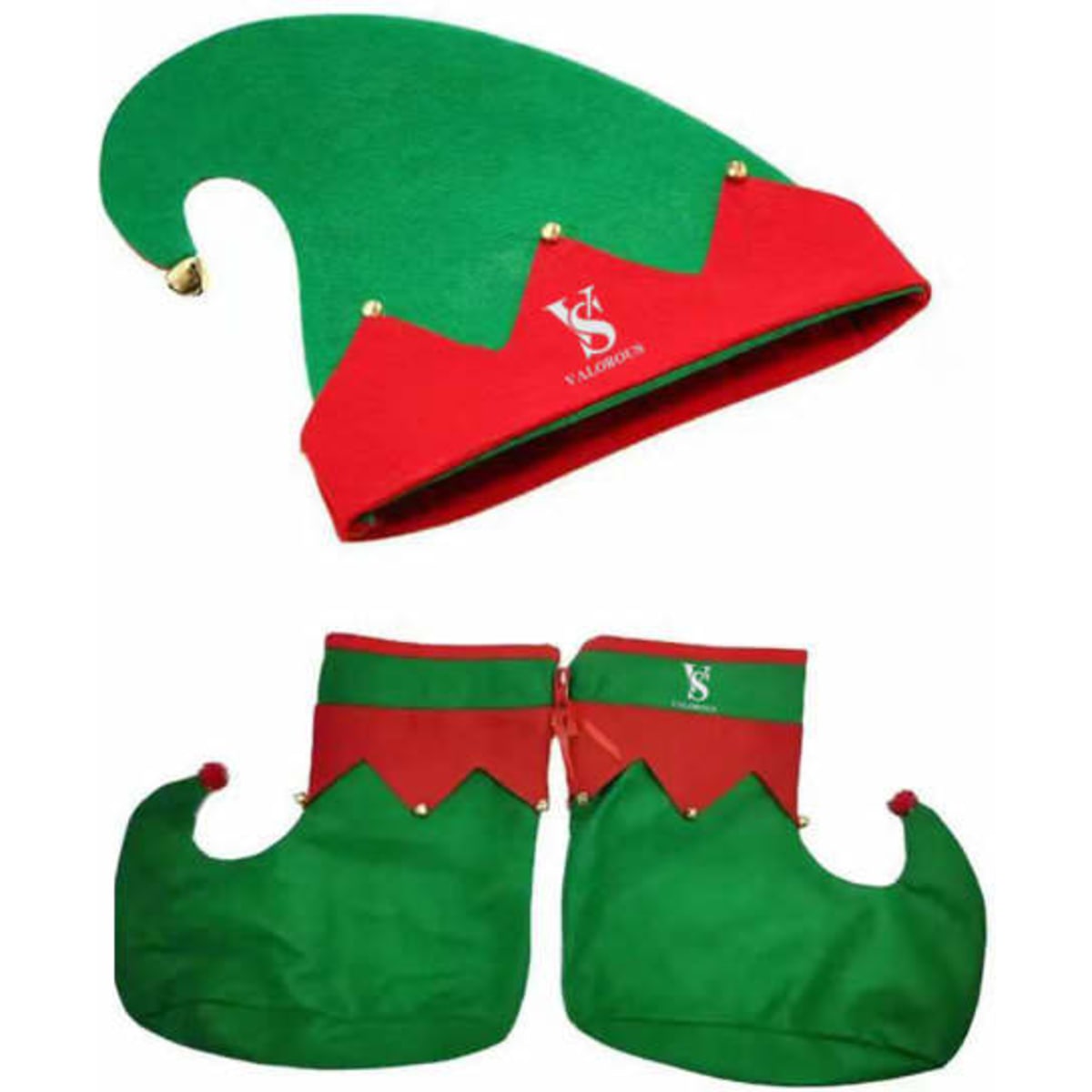A green and red elf hat with bells and matching elf shoes, both featuring decorative points at the top.