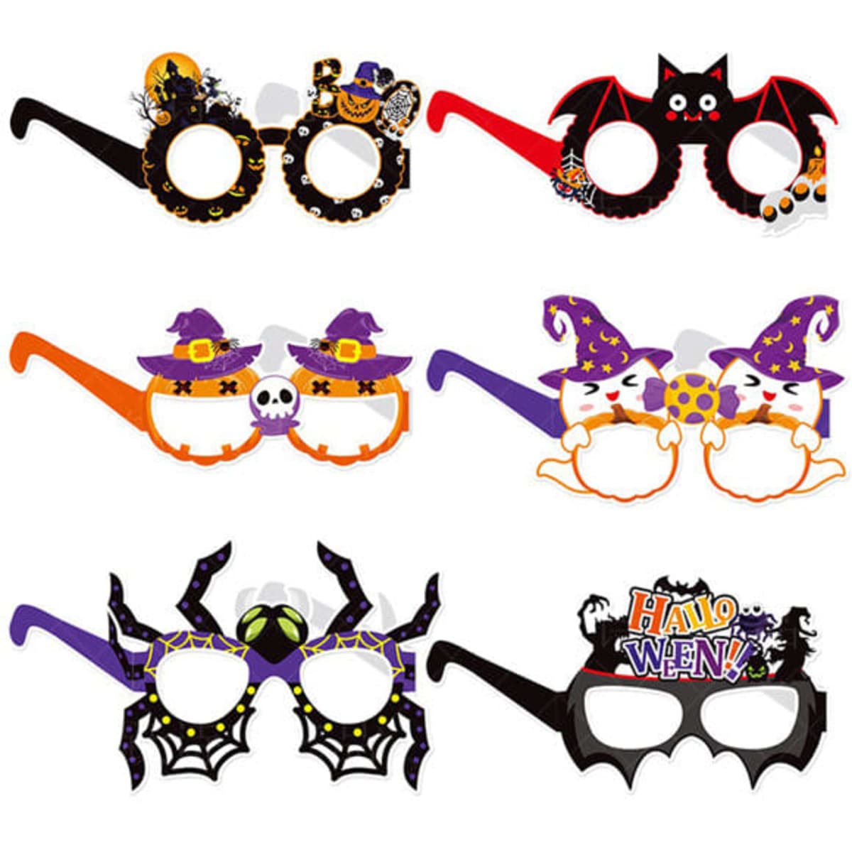 Six pairs of Halloween decorative paper eyeglasses featuring designs like pumpkins, witches, bats, and spiders in vibrant colours.